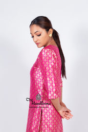 Hot Pink Pure Katan Silk Brocade Kurta with Sharara - The Handlooms