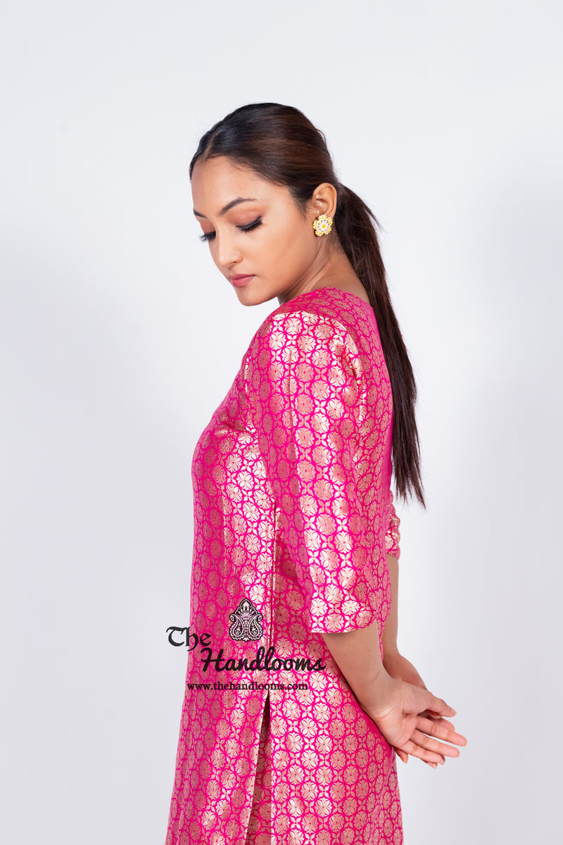 Hot Pink Pure Katan Silk Brocade Kurta with Sharara - The Handlooms