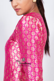 Hot Pink Pure Katan Silk Brocade Kurta with Sharara - The Handlooms