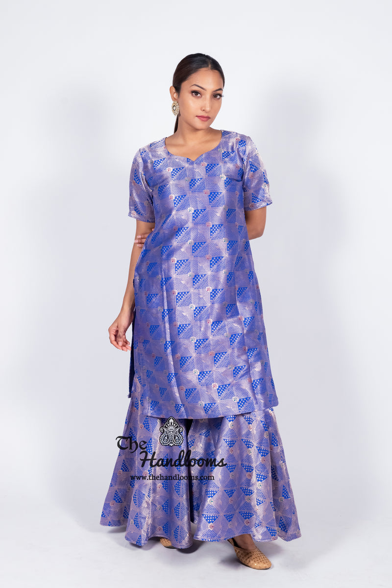 Royal Blue Pure Katan Silk Brocade Kurta with Sharara - The Handlooms