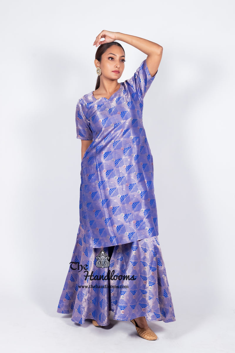 Royal Blue Pure Katan Silk Brocade Kurta with Sharara - The Handlooms