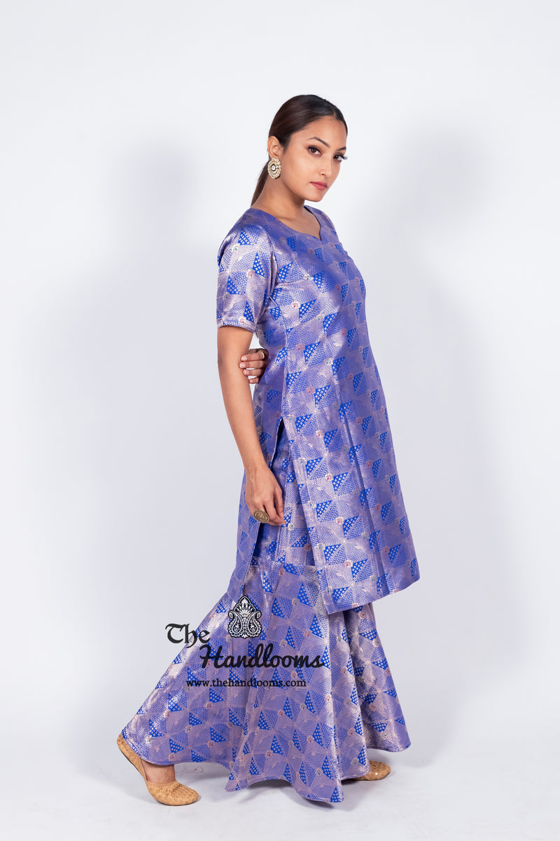 Royal Blue Pure Katan Silk Brocade Kurta with Sharara - The Handlooms