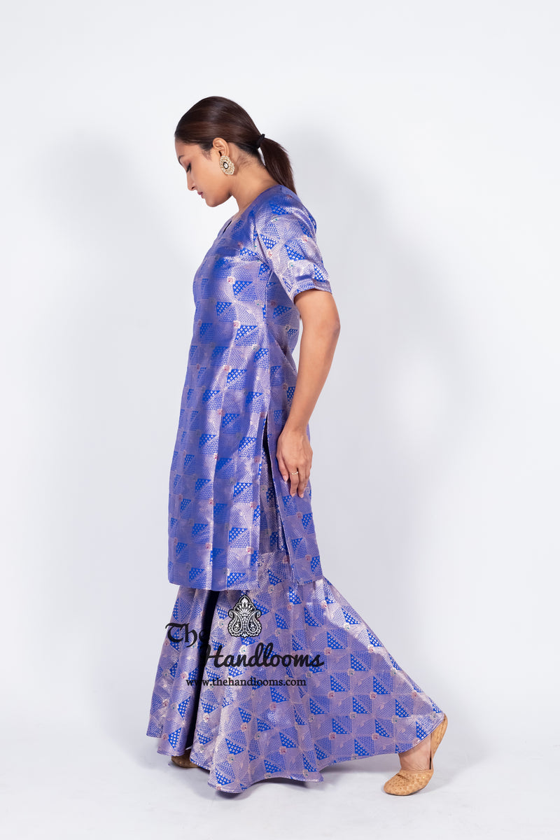 Royal Blue Pure Katan Silk Brocade Kurta with Sharara - The Handlooms