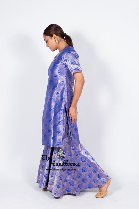 Royal Blue Pure Katan Silk Brocade Kurta with Sharara