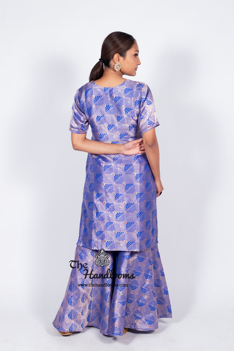 Royal Blue Pure Katan Silk Brocade Kurta with Sharara - The Handlooms