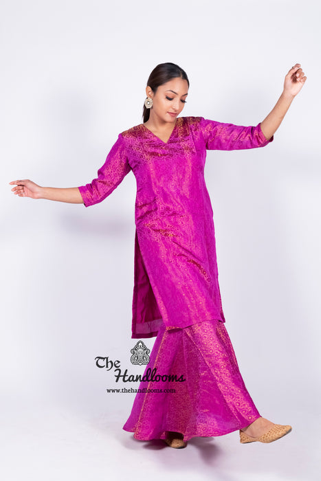 Magenta Pure Katan Silk Brocade Kurta with Sharara