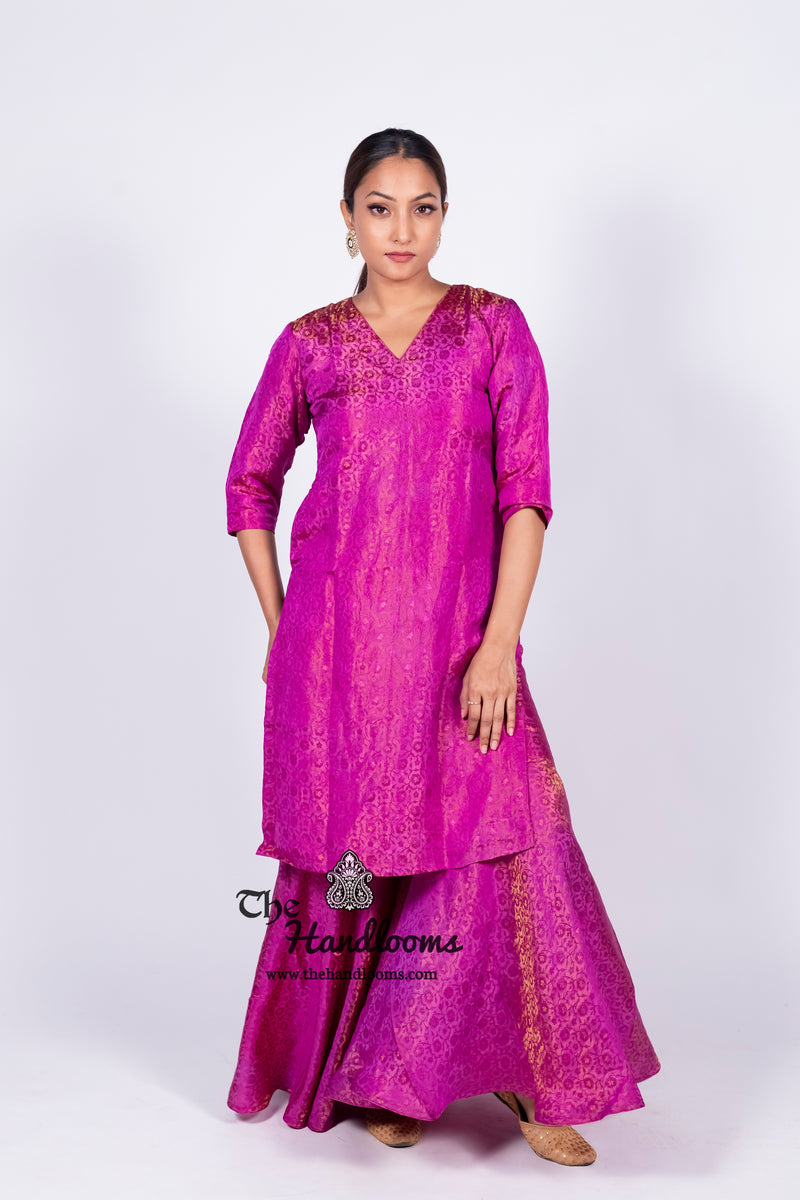 Magenta Pure Katan Silk Brocade Kurta with Sharara - The Handlooms