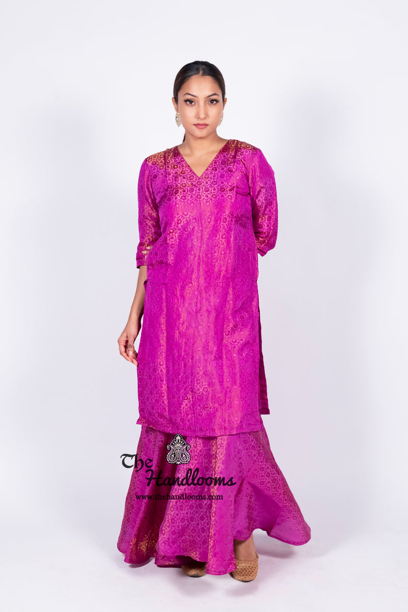 Magenta Pure Katan Silk Brocade Kurta with Sharara - The Handlooms