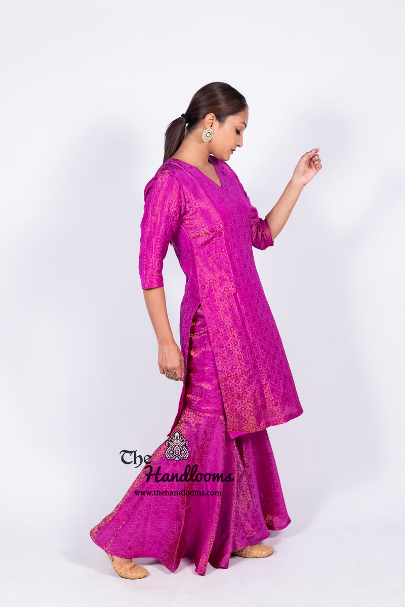 Magenta Pure Katan Silk Brocade Kurta with Sharara - The Handlooms