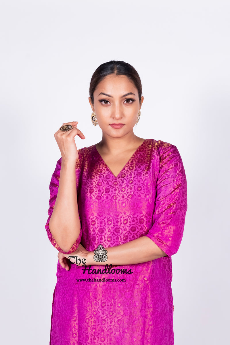 Magenta Pure Katan Silk Brocade Kurta with Sharara - The Handlooms