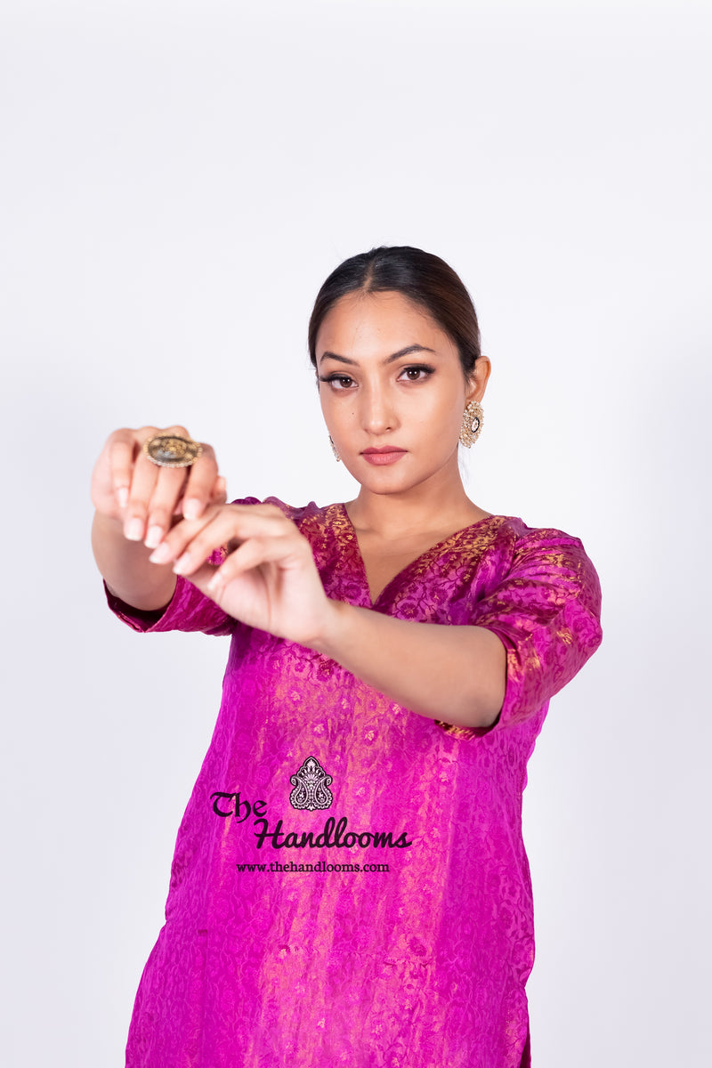 Magenta Pure Katan Silk Brocade Kurta with Sharara - The Handlooms