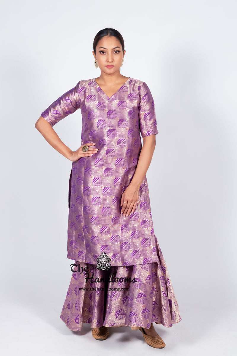 Purple Pure Katan Silk Brocade Kurta with Sharara - The Handlooms