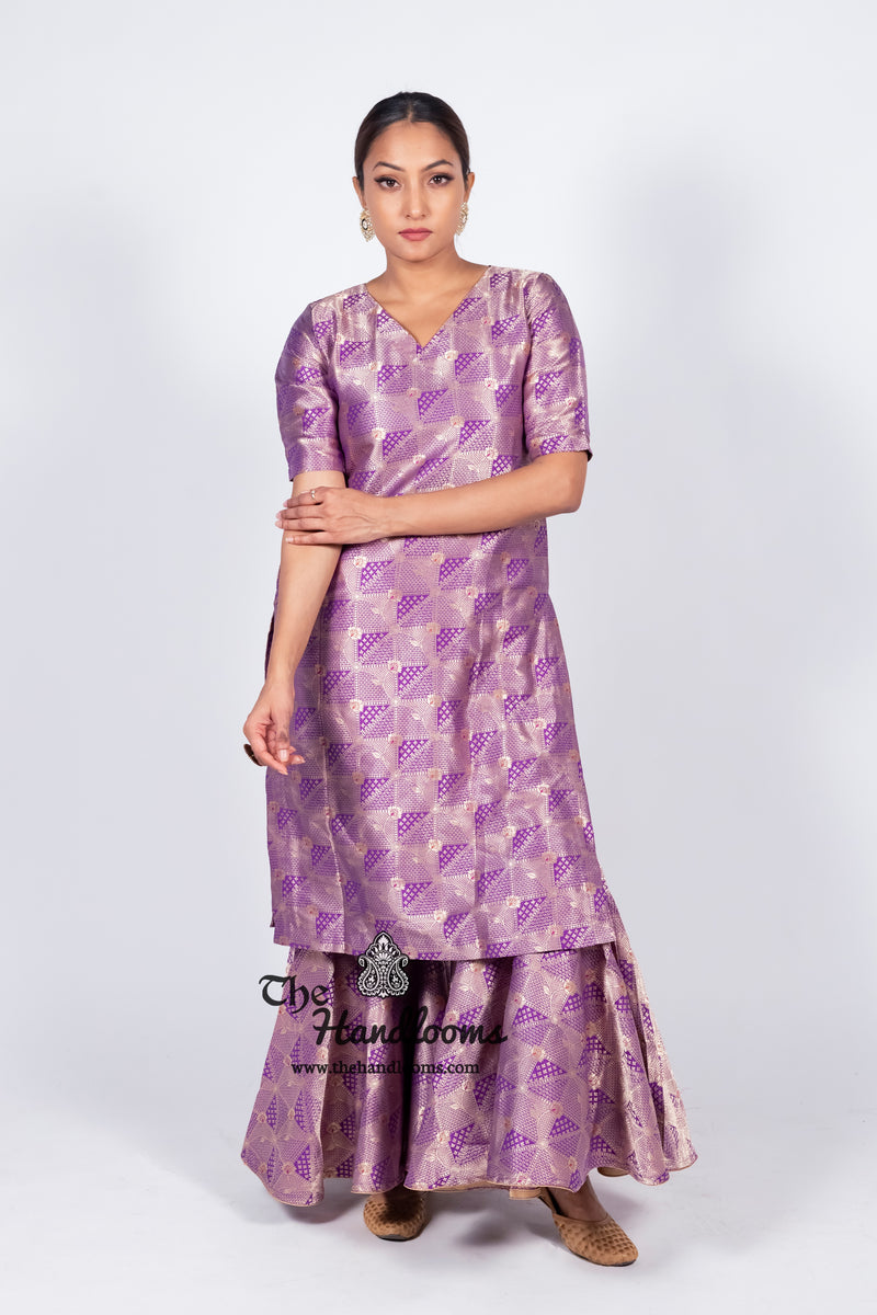 Purple Pure Katan Silk Brocade Kurta with Sharara - The Handlooms