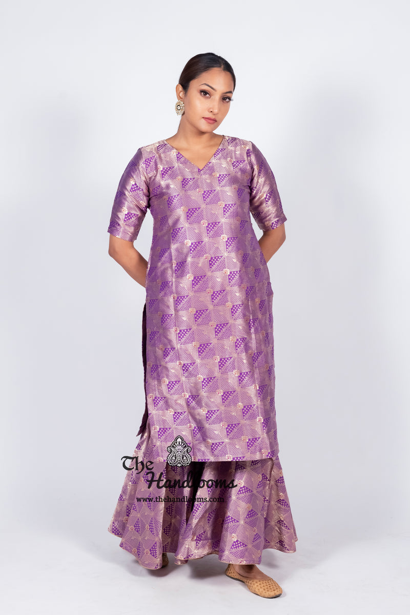 Purple Pure Katan Silk Brocade Kurta with Sharara - The Handlooms