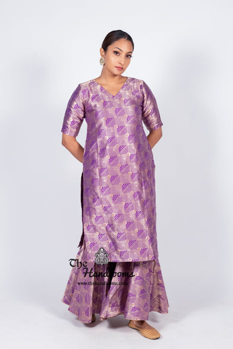 Purple Pure Katan Silk Brocade Kurta with Sharara