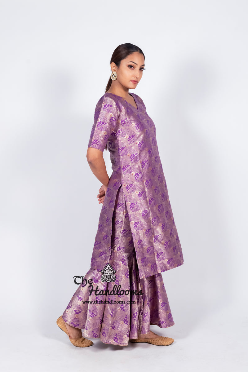 Purple Pure Katan Silk Brocade Kurta with Sharara - The Handlooms