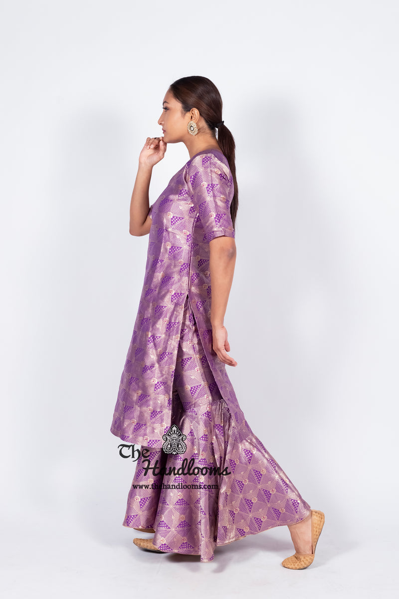 Purple Pure Katan Silk Brocade Kurta with Sharara - The Handlooms