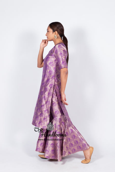 Purple Pure Katan Silk Brocade Kurta with Sharara