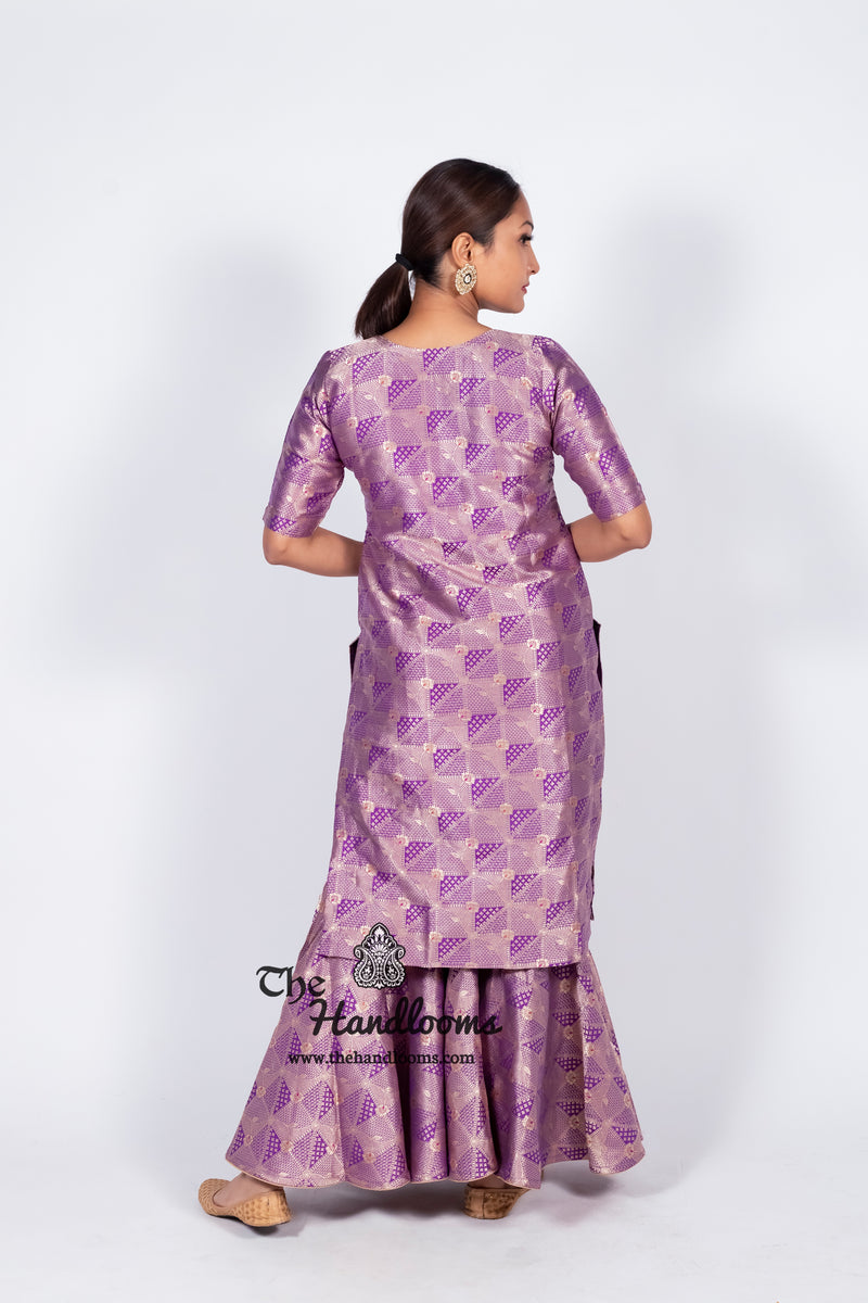 Purple Pure Katan Silk Brocade Kurta with Sharara - The Handlooms