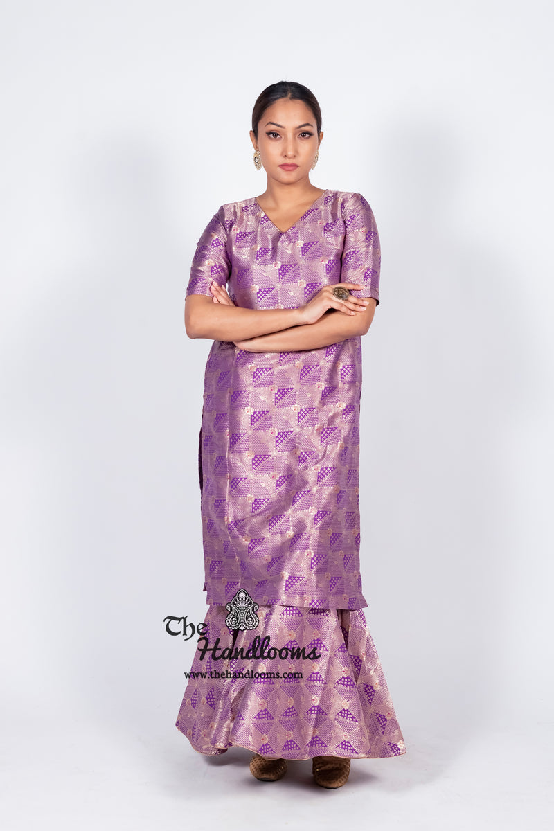 Purple Pure Katan Silk Brocade Kurta with Sharara - The Handlooms