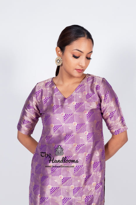 Purple Pure Katan Silk Brocade Kurta with Sharara