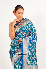 German Blue Pure Katan Silk Banarasi Handloom Saree - All over jaal work - The Handlooms