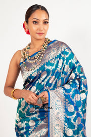 German Blue Pure Katan Silk Banarasi Handloom Saree - All over jaal work - The Handlooms