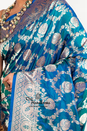 German Blue Pure Katan Silk Banarasi Handloom Saree - All over jaal work - The Handlooms