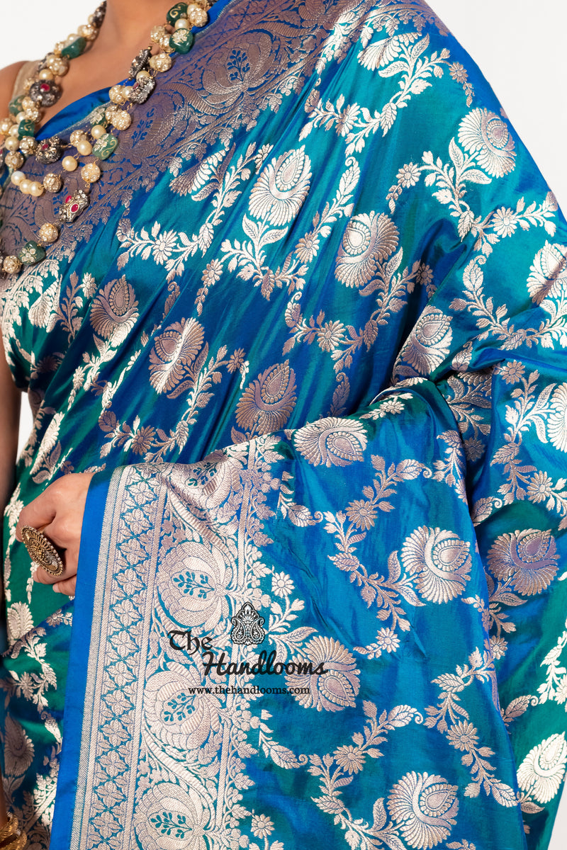 German Blue Pure Katan Silk Banarasi Handloom Saree - All over jaal work - The Handlooms