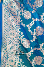 German Blue Pure Katan Silk Banarasi Handloom Saree - All over jaal work - The Handlooms