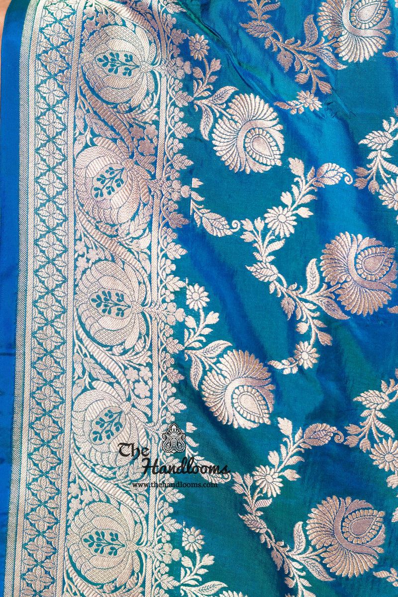 German Blue Pure Katan Silk Banarasi Handloom Saree - All over jaal work - The Handlooms