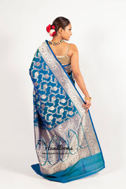 German Blue Pure Katan Silk Banarasi Handloom Saree - All over jaal work - The Handlooms