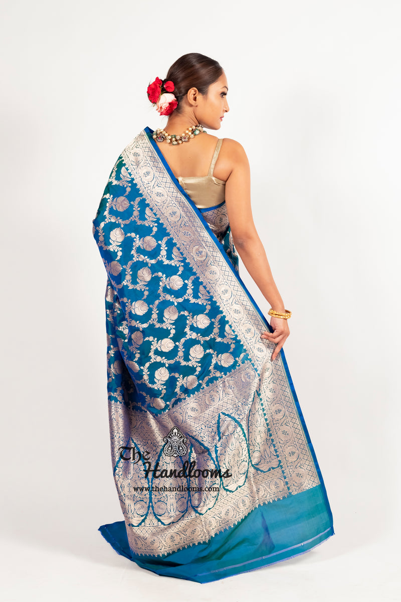 German Blue Pure Katan Silk Banarasi Handloom Saree - All over jaal work - The Handlooms