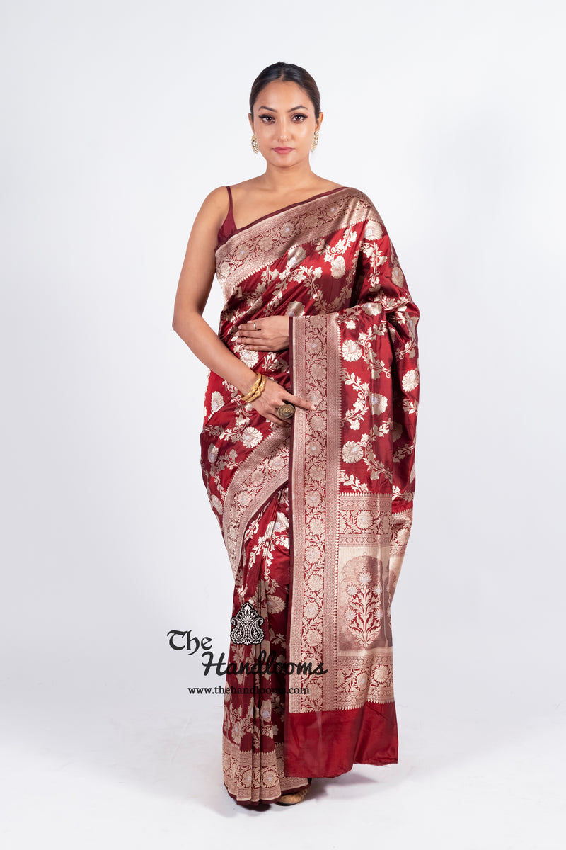 Maroon Pure Katan Silk Banarasi Handloom Saree - All over Sona Roopa Jaal work - The Handlooms