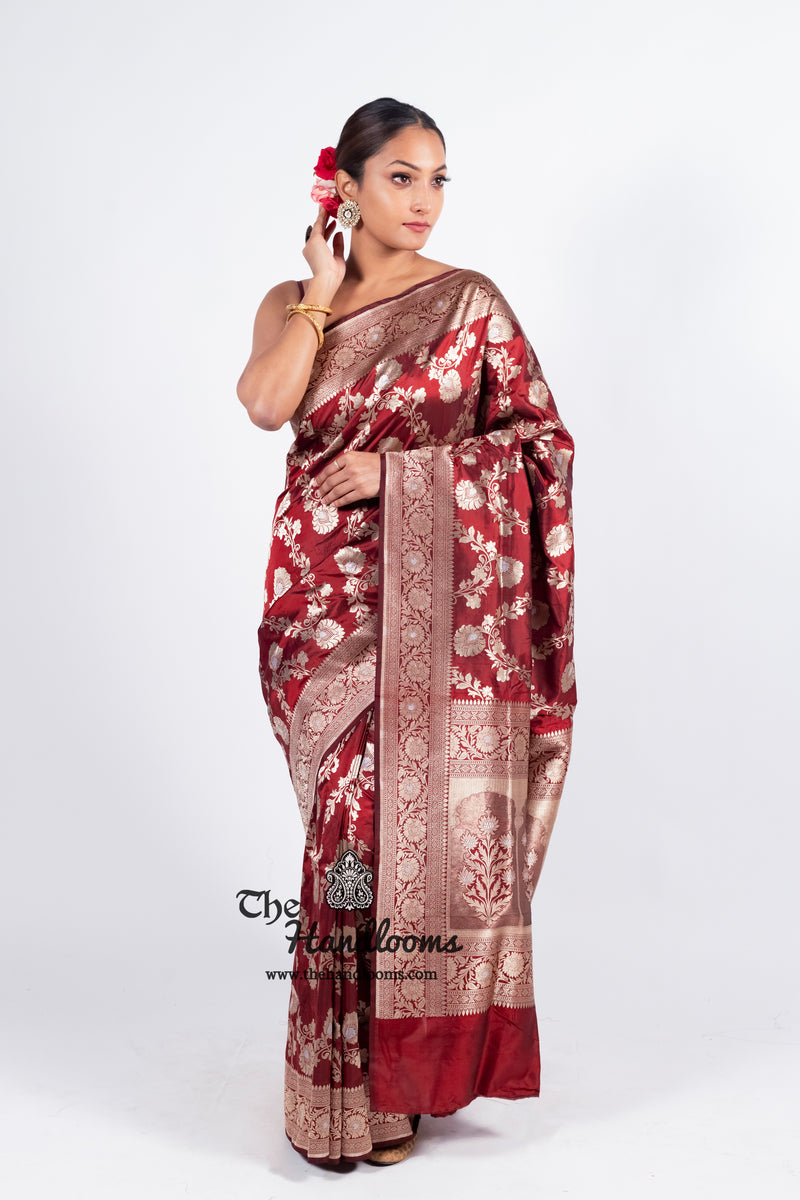 Maroon Pure Katan Silk Banarasi Handloom Saree - All over Sona Roopa Jaal work - The Handlooms