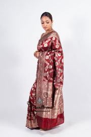 Maroon Pure Katan Silk Banarasi Handloom Saree - All over Sona Roopa Jaal work - The Handlooms