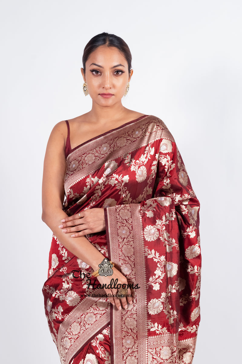 Maroon Pure Katan Silk Banarasi Handloom Saree - All over Sona Roopa Jaal work - The Handlooms
