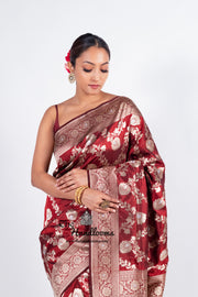 Maroon Pure Katan Silk Banarasi Handloom Saree - All over Sona Roopa Jaal work - The Handlooms