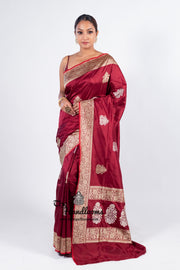 Maroon Pure Katan Silk Banarasi Handloom Saree - All over Sona Roopa Kadua motifs - The Handlooms