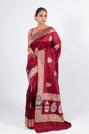 Maroon Pure Katan Silk Banarasi Handloom Saree - All over Sona Roopa Kadua motifs - The Handlooms