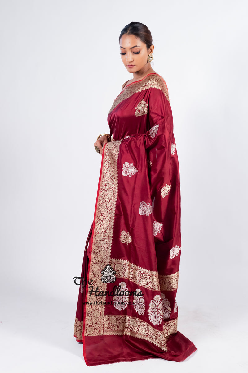 Maroon Pure Katan Silk Banarasi Handloom Saree - All over Sona Roopa Kadua motifs - The Handlooms