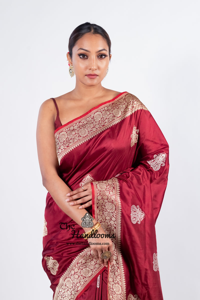 Maroon Pure Katan Silk Banarasi Handloom Saree - All over Sona Roopa Kadua motifs - The Handlooms