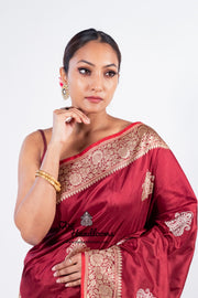 Maroon Pure Katan Silk Banarasi Handloom Saree - All over Sona Roopa Kadua motifs - The Handlooms