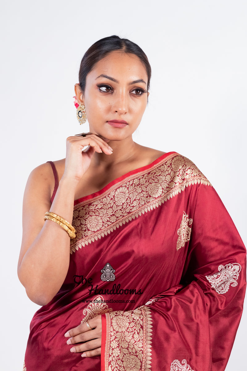 Maroon Pure Katan Silk Banarasi Handloom Saree - All over Sona Roopa Kadua motifs - The Handlooms