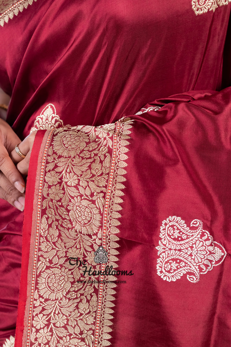 Maroon Pure Katan Silk Banarasi Handloom Saree - All over Sona Roopa Kadua motifs - The Handlooms
