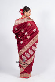 Maroon Pure Katan Silk Banarasi Handloom Saree - All over Sona Roopa Kadua motifs - The Handlooms
