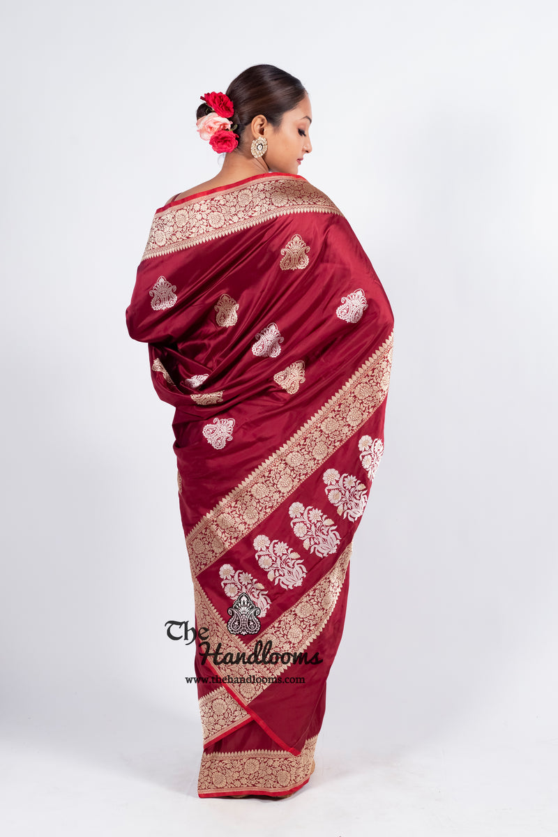 Maroon Pure Katan Silk Banarasi Handloom Saree - All over Sona Roopa Kadua motifs - The Handlooms