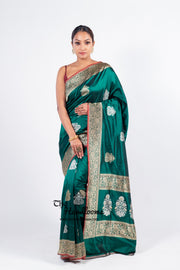 Green Pure Katan Silk Banarasi Handloom Saree - All over Sona Roopa Kadua motifs - The Handlooms