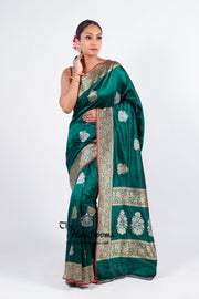 Green Pure Katan Silk Banarasi Handloom Saree - All over Sona Roopa Kadua motifs - The Handlooms