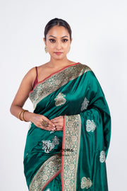 Green Pure Katan Silk Banarasi Handloom Saree - All over Sona Roopa Kadua motifs - The Handlooms
